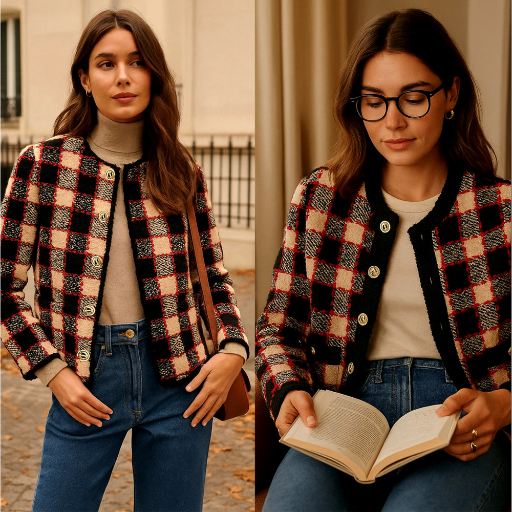 Sezane 44 Valerio Knit Lady Jacket $290 Wool Checkered Boxy Blazer Gold Button L